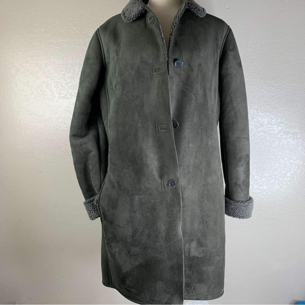 Lands End Gray Long Sherpa Lined Overcoat with Pockets Size Medium 10-12